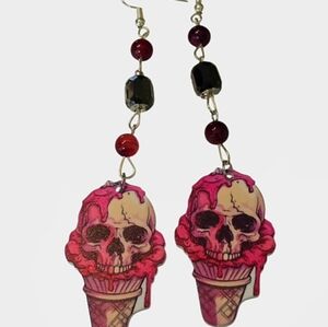 Skeleton Ice Cream Cone Earrings W/Magenta, Tiger Eye & Glass Beads NWOT